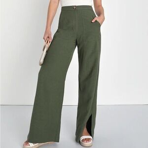 Lulus Jet Stream Olive Green High-Waisted Wide-Leg Pants Size medium